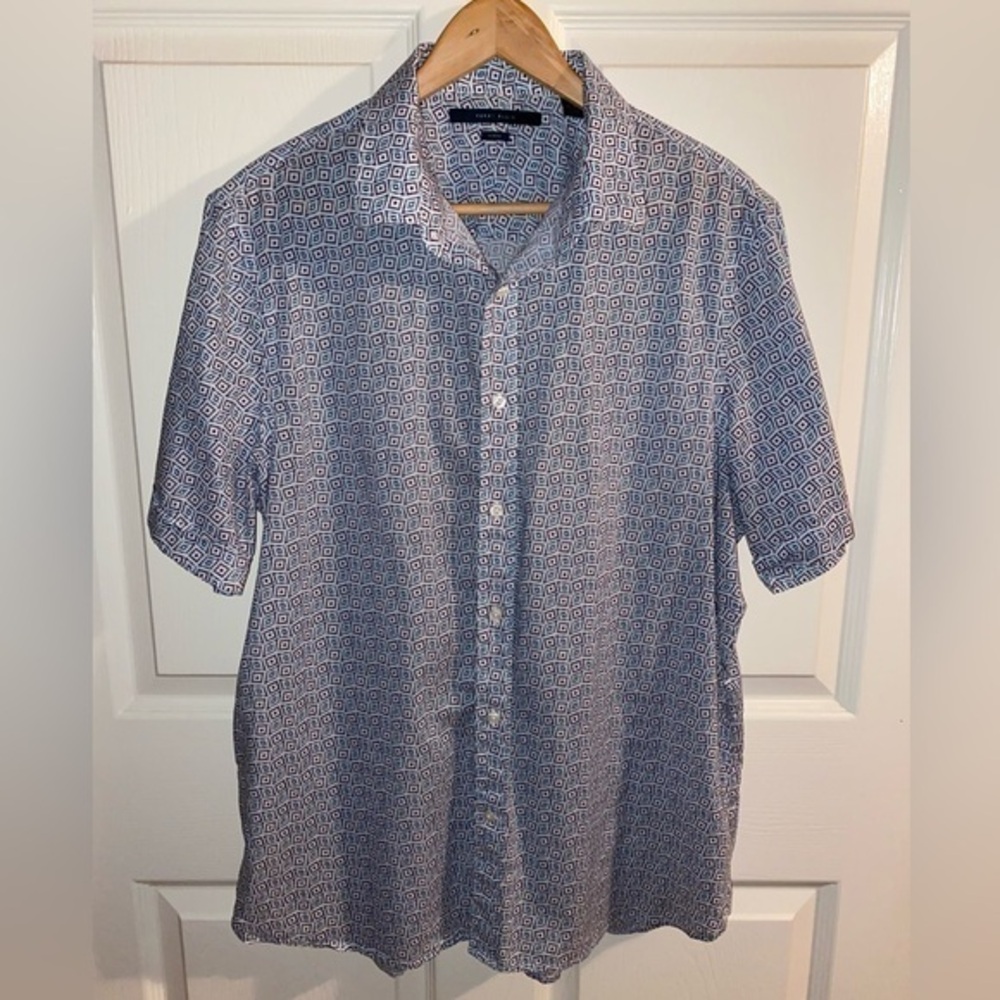 Perry Ellis Blue and White Casual Button Down Shirt Men’s XL Slim Fit, Summer